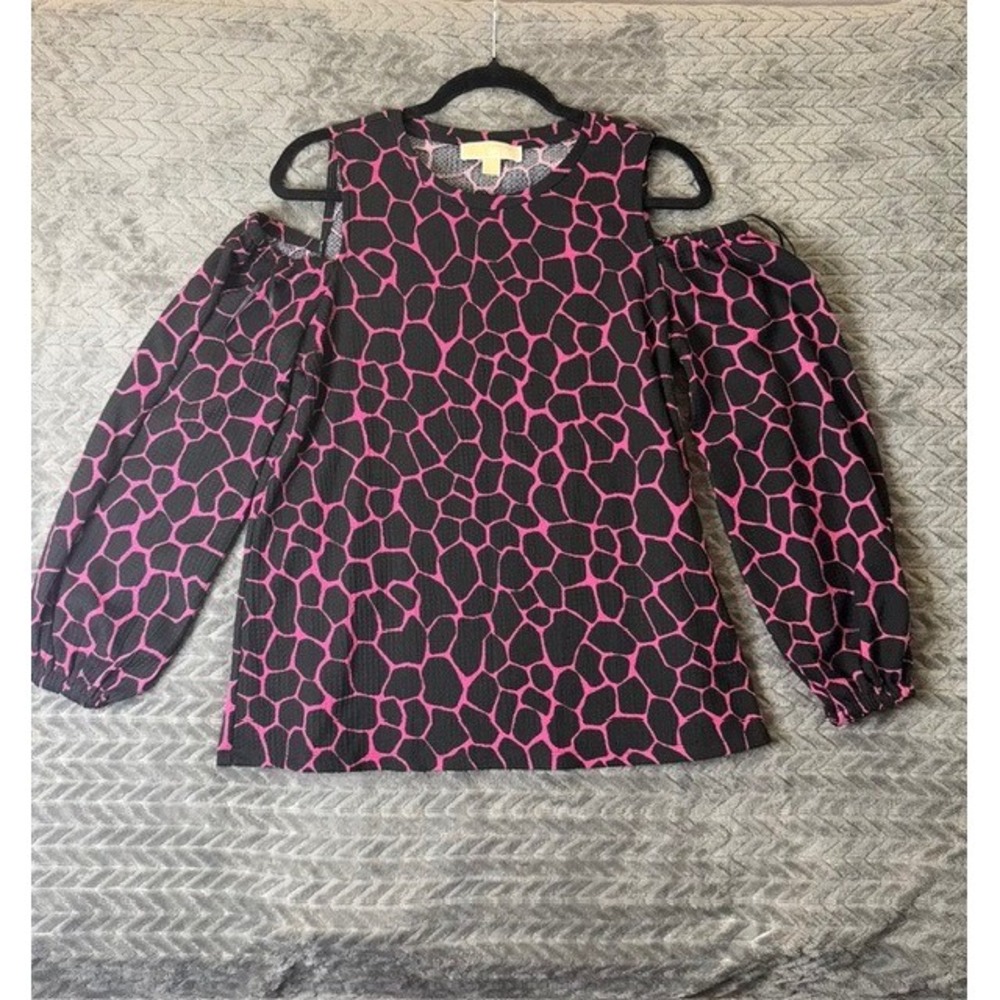 Michael Kors Pink Black Giraffe Print Cold Shoulder Top Medium Long Sleeve 0066